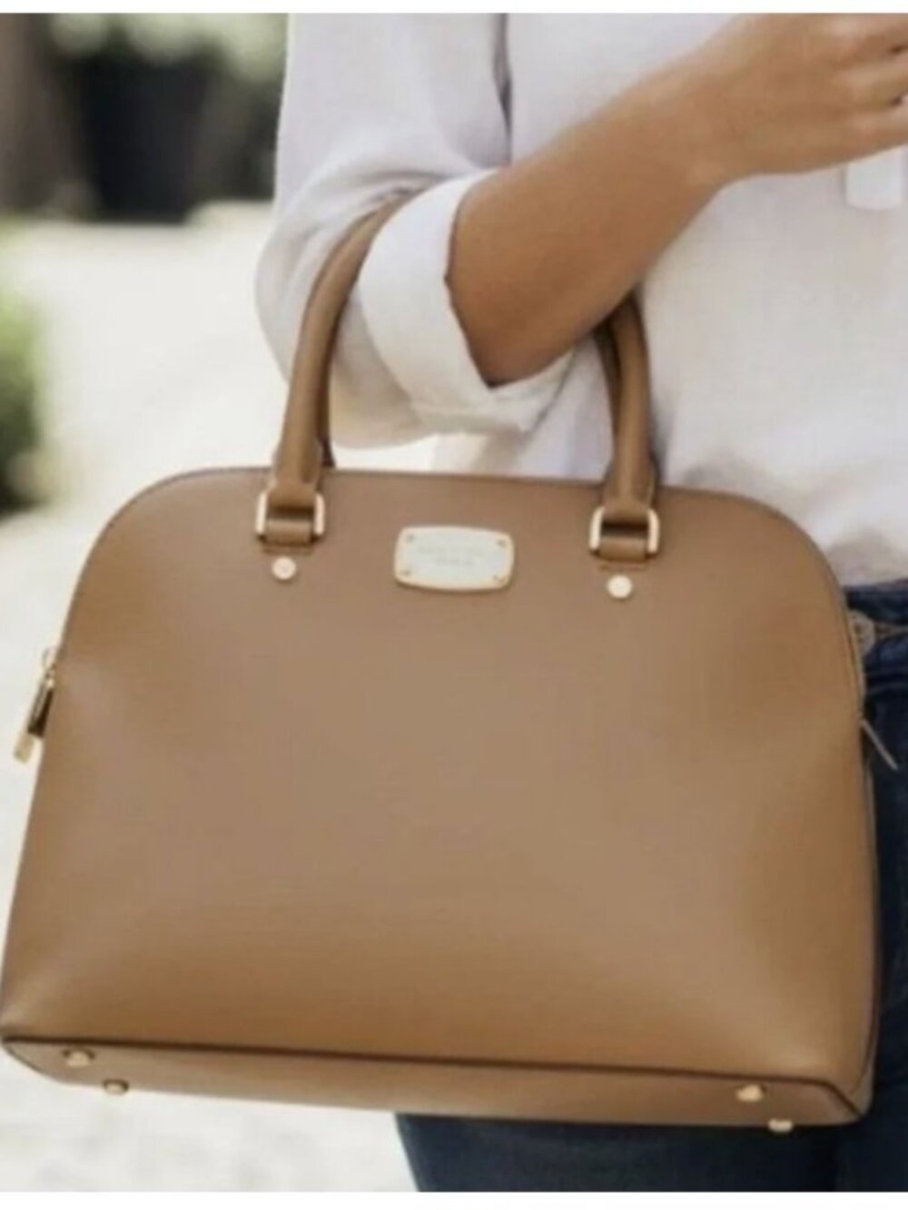 Michael Kors Cindy Large Leather Dome Satchel Shoulder Handbag COA Tan Gold - Picture 13 of 16